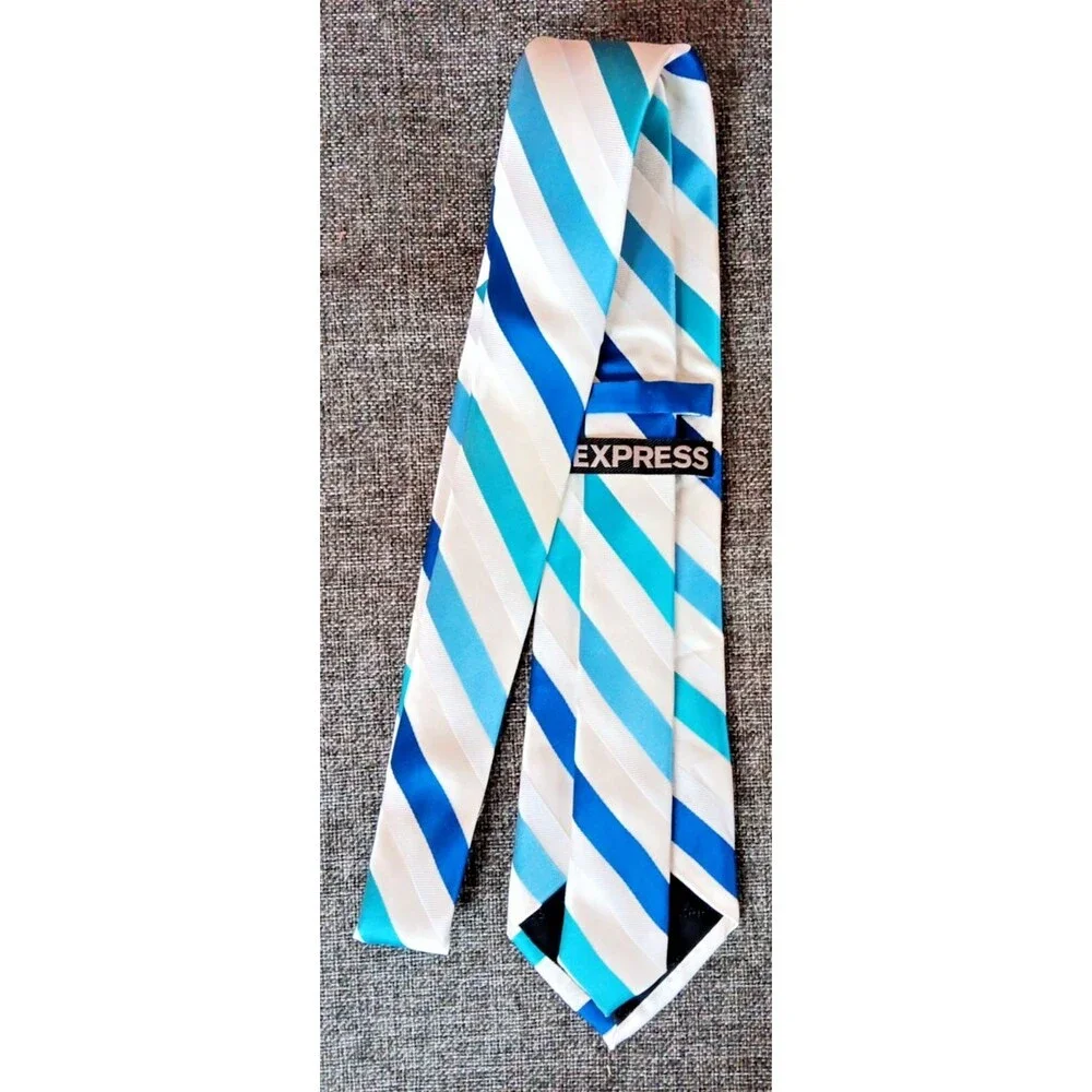 Tie 70s 80s 90s Y2K Mens Express Silk White Blue Stripe 3.75 Wide 61 Long